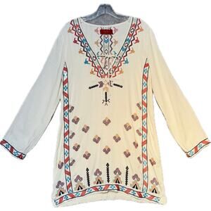 Tigerlily Geometric Embroidered V-Neck Boho Dress Long Sleeves White Women 4